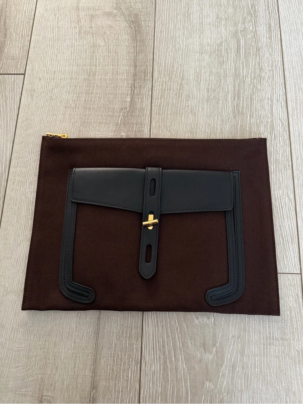 Tom Ford Brown Pouch with Black Leather Trim and Gold Hardware Rialto